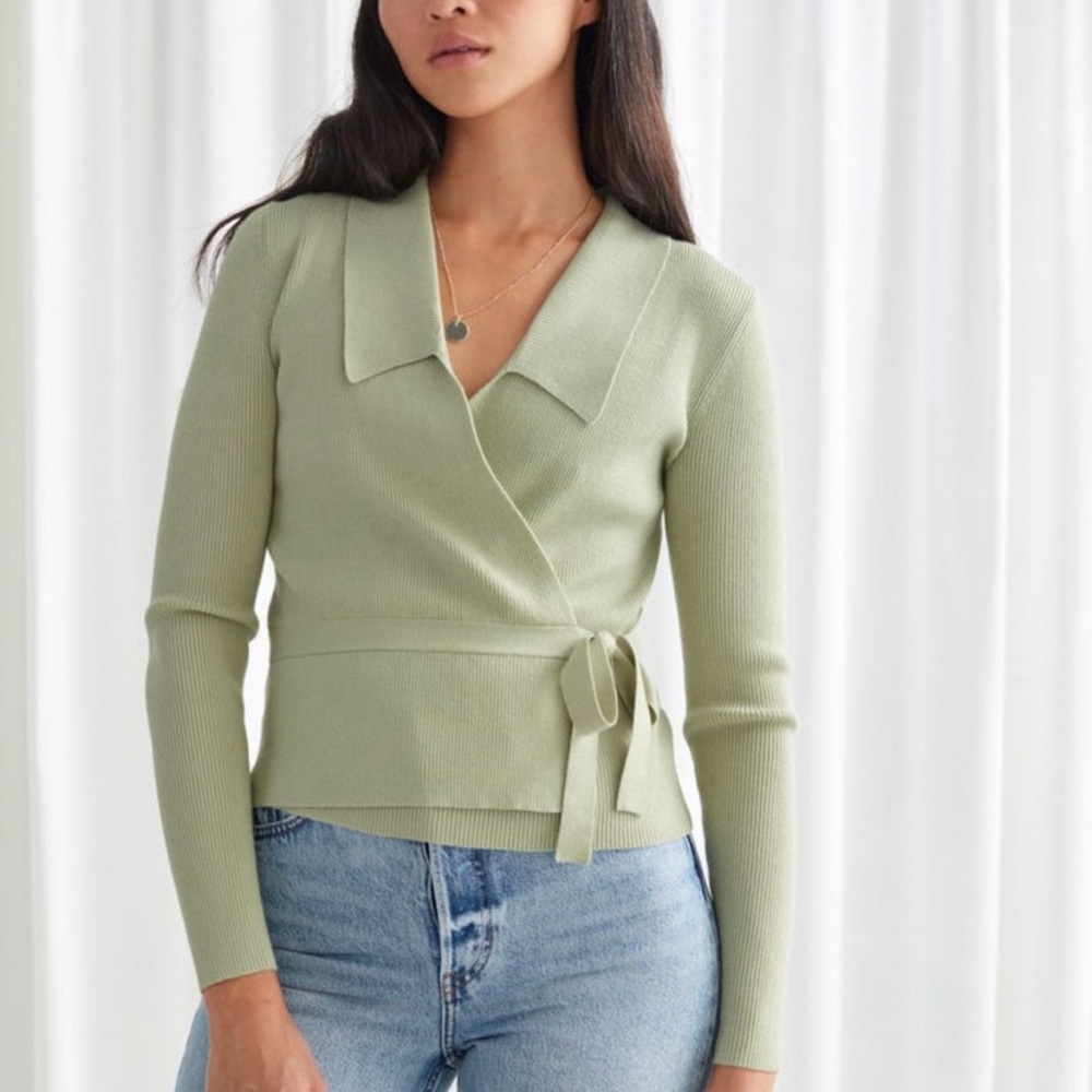 & OTHER STORIES GREEN RIBBED WRAP CARDIGAN SWEATER